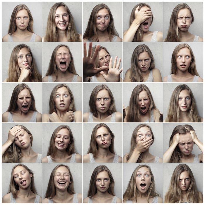 Grid of images of a blonde young woman experiencing many different emotions, including: anger, surprise, sadness, fear, joy, disgust, embarrassment, anxiety, happiness, shame, and more.