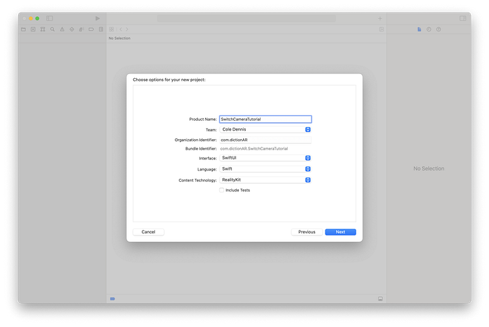 The options screen when setting up an Xcode project, with SwiftUI selected as the interface, Swift selected as the Language, and RealityKit selected as the Content Technology.