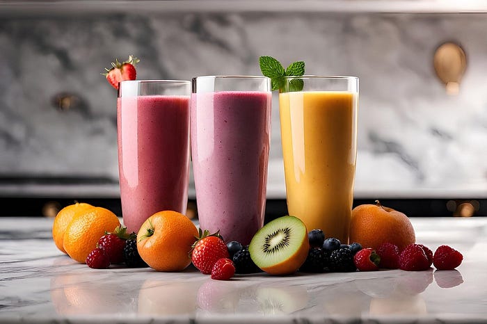 Smoothie Diet — 3 delicious fruit smoothies of different colours, surrounded by bits of sliced fruit