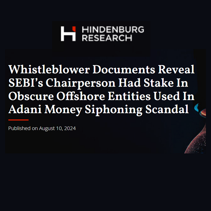 An investigative report by Hindenburg Research raising concerns about potential conflicts of interest involving SEBI Chairperson Madhabi Puri Buch, focusing on her past connections with the Adani Group and other financial entities.