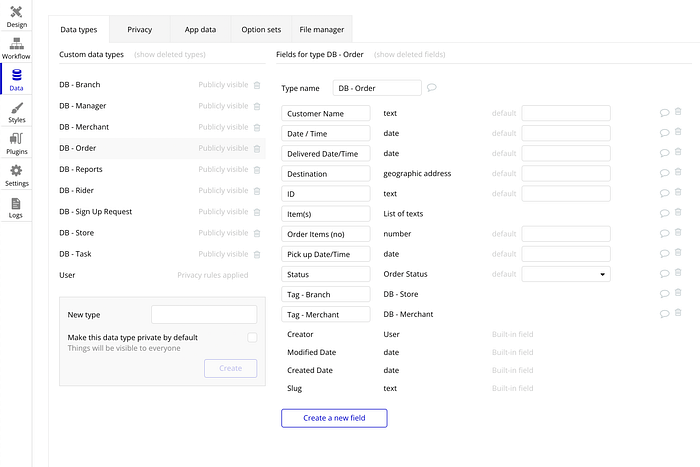 Database created in Bubble.io