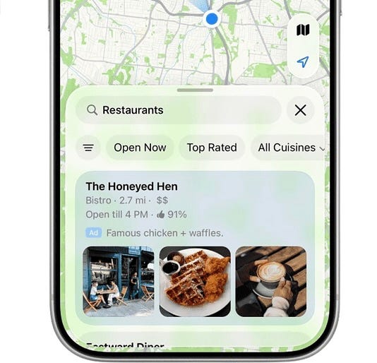 Ads when searching for Restaurants on iOS 26.5 Maps