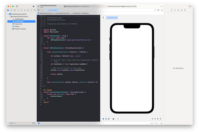 Basic boilerplate code using the Augmented Reality App template in Xcode.
