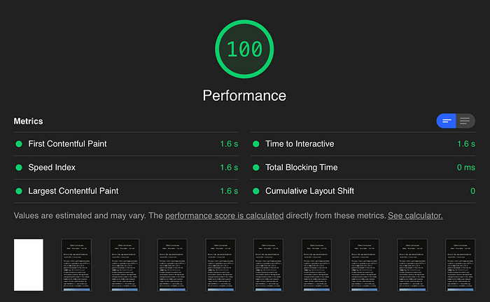 Google Lighthouse score of 100 for performance