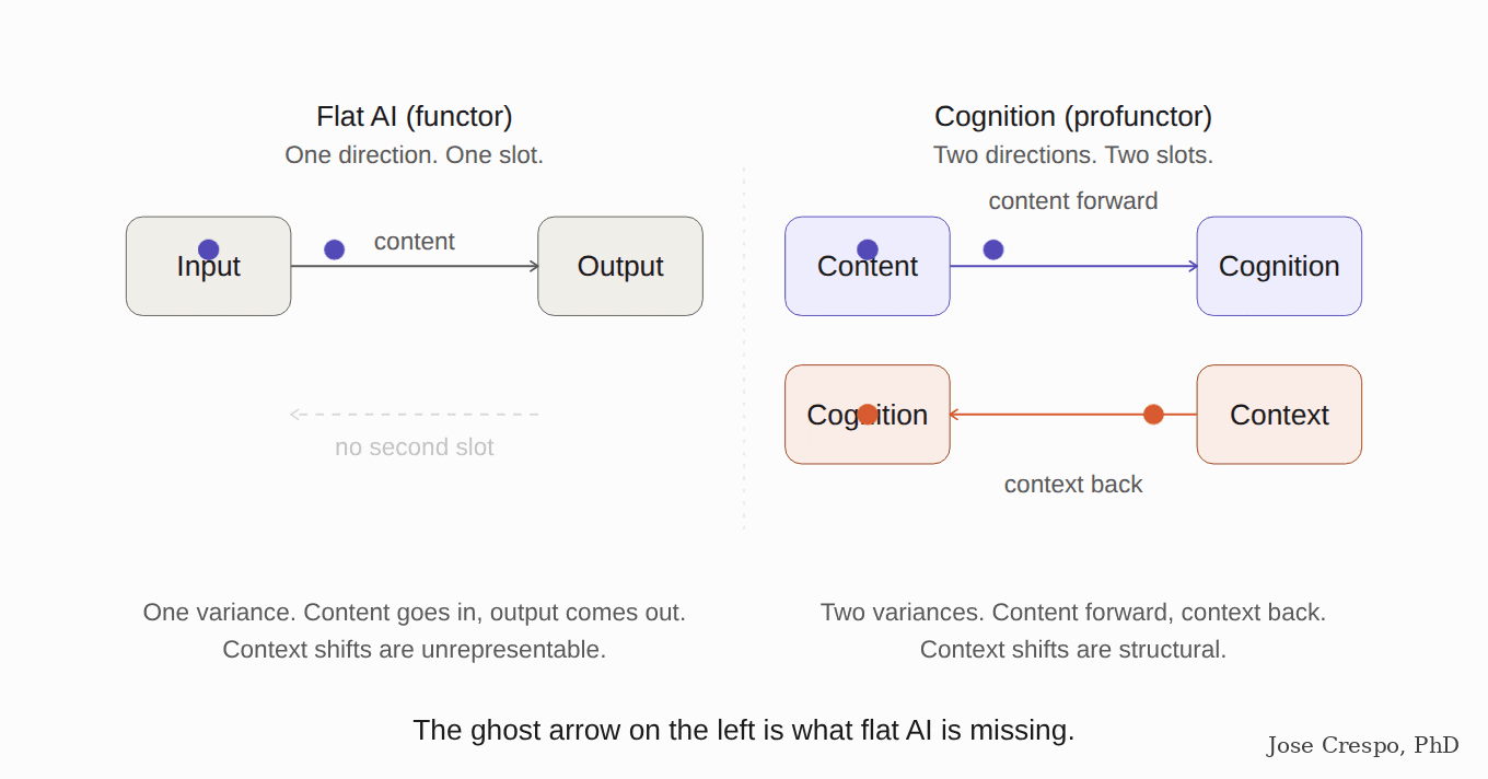Flat AI is a functor pretending to be a profunctor: one input slot, one direction, no place for context, and brute-force statistics frantically trying to make up for the missing dimension. Real cognition is the profunctor — two inputs of different kinds, one a concept, the other its context — that flat AI cannot become no matter how much compute you throw at it.
