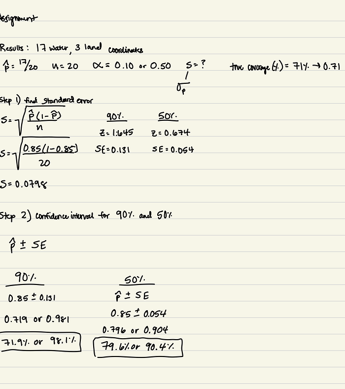 Example calculation for determining confidence intervals for the proportion of water covering Earth.