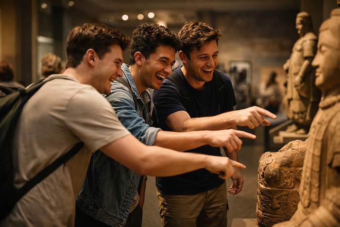 Three friends laughing and enjoying inside a museum looking at artifacts