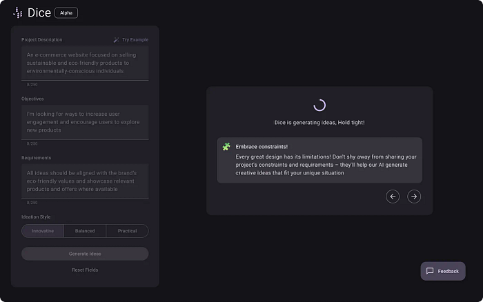 سكرين أدوات تصميم Dice بالذكاء الاصطناعي