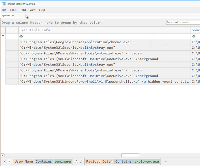 8 events returned in Timeline Explorer for events with parent process explorer.exe and username benimaru. One of these events is a powershell.exe.