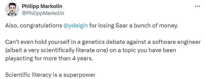 DRASTIC member Yuri Deigin — often hailed one of the more serious lab leak proponents — took over the second part of the debate for Saar Wilf. He did not fare better than the Israeli investor captured by a false belief.