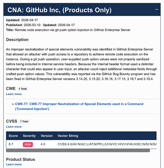GitHub vulnerability: CVE-2026–3854