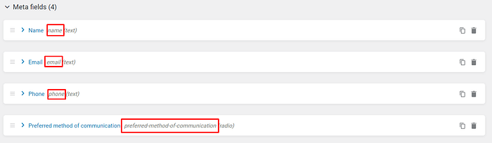 meta fields created in Contact Us Responses CPT