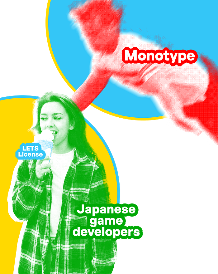 An image collage illustrating a woman (representing a Japanese game comapny) happily eating ice cream (representing the LETS font license). Behind her, a man (representing Monotype) is seen falling towards her while she is unaware of it.