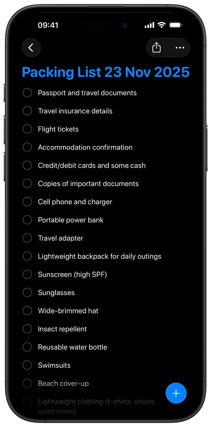 Packing list generated using Packing List AI shortcut