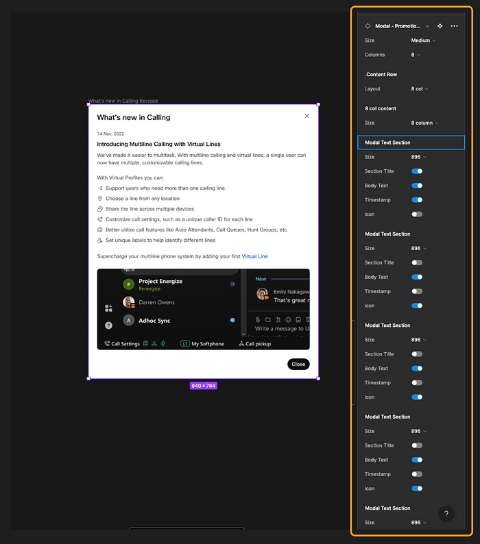 A screenshot showing one practical example of a modal using this component. On the right is the Figma design panel, where at least 25 variant properties and toggles are visible, with many more running off the page.