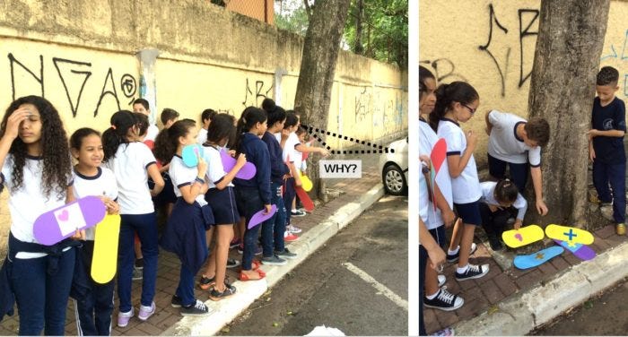 “What should we have in our streets? what streets should foster? People? Green areas? Time? Comfort?” We used the obstacle detector kit and the urban band-aids experience)