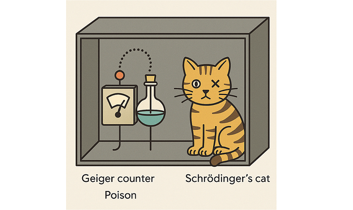 Illustration of the famous “Schrödinger’s cat” thought experiment. A cat is trapped in a box with a radioactive source and a vial of poison. If some radioactivity is detected, the poison is released killing the cat, but as long as this does not happen the cat remains alive. Image by Author via DALL-E.