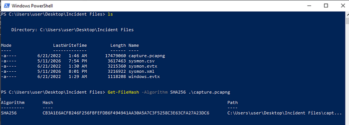 PowerShell Get-FileHash cmdlet usage for SHA256 hash of the file capture.pcapng.
