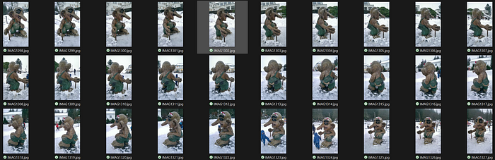 A collage showing the full dataset of 34 JPEG images of the Bergen troll statue. This collection is used as input for the transformer-based 3D reconstruction tutorial.