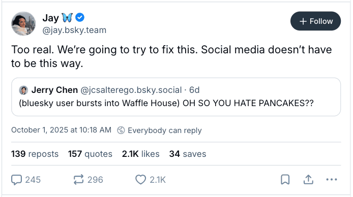 Jerry Chen, Sept 26, 2025: (bluesky user bursts into Waffle House) OH SO YOU HATE PANCAKES?? Quote-posted by Jay Graber, Oct 1: Too real. We’re going to try to fix this. Social media doesn’t have to be this way.