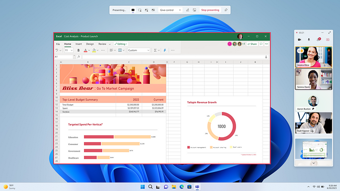 A depiction of the new UI for presenter view, which allows you to see meeting participants while also presenting.