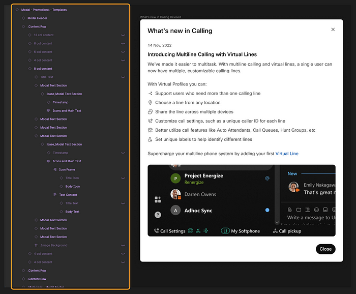 A side by side view of the layers panel next to an example modal. There are more than 30 layers in the list, with more running off the page, and the layers are nested at 6 layers deep. Various layers have their visibility turned off.