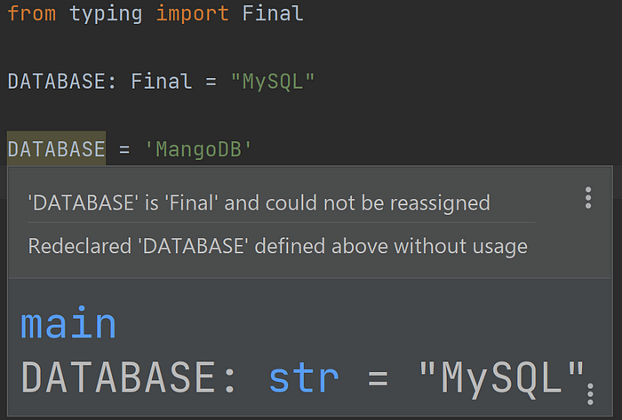 An screenshot to show how PyCharm highlights the code that changes a constant