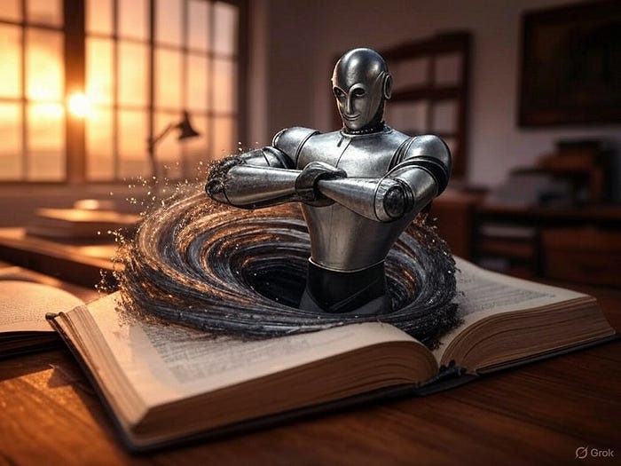 Un libro del que emerge un robot — Creado con la IA de Grok/X
