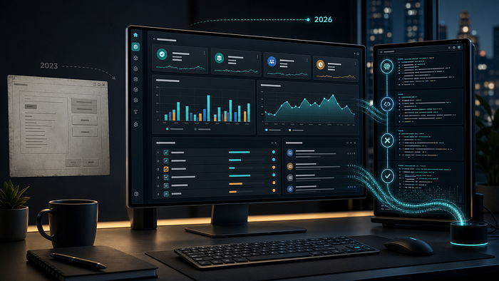 Editorial illustration of a modern developer workstation showing an AI-assisted coding workflow: a rich toil-tracking dashboard with charts and task lists on the main monitor, terminal-like logs beside it, and a faded older desktop app panel in the background to contrast 2023 copy-paste coding with 2026 agentic development.