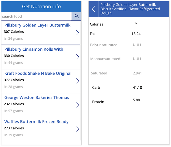 Nutrition app in PowerApps using Excel static data — Cloudatica example