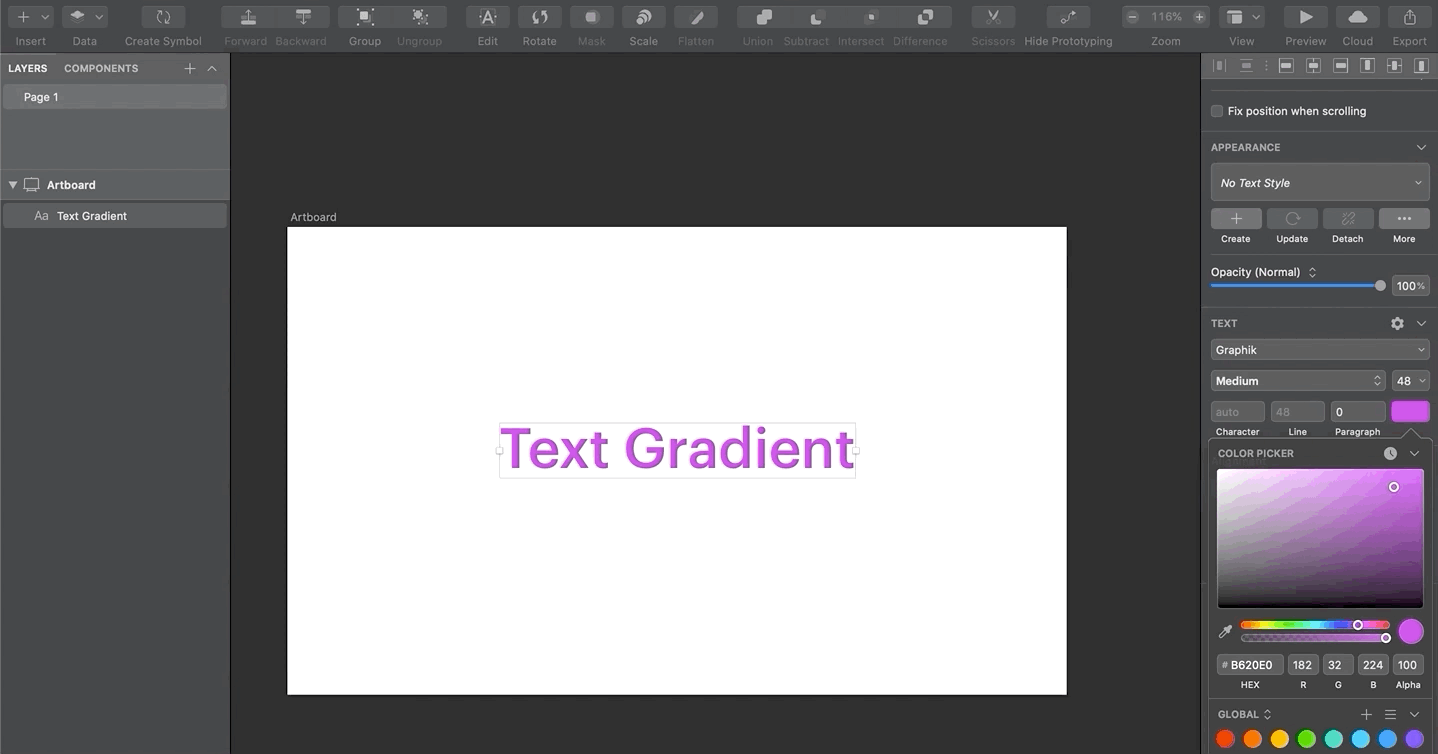 A GIF describing how to create text gradients in Sketch.