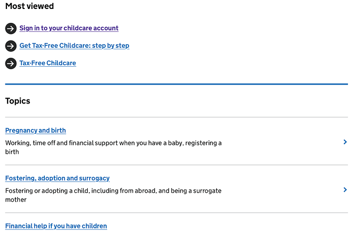 GOV.UK childcare page with most viewed links and topic categories.