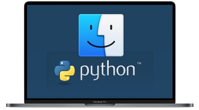 An Apple Macbook Pro with a picture of the Mac “Finder” logo, and the Python programming language logo.