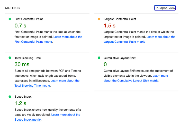 Extended view of metrics — displaying not only value of each metric but also short summary and links to useful materials.