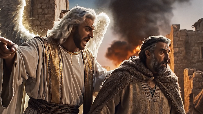Cinematic biblical scene showing an angel with white wings guiding Lot away from Sodom before its destruction.