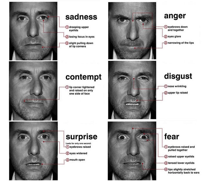 6 universal emotions expressed by the actor Tim Roth, from the TV series, Lie to Me. (source)