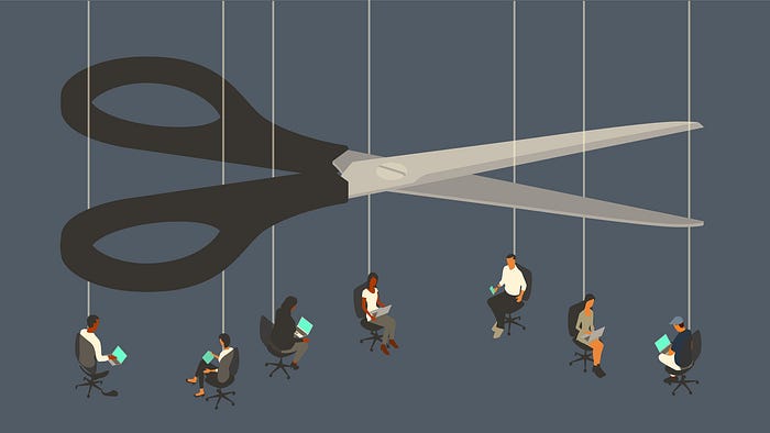 Layoffs are illustrated by an oversized pair of scissors, that looms over seven workers sitting in office chairs suspended by strings. Employees use their laptop computers and mobile devices, but some of their jobs could be cut at any time, as they are shown hanging by a thread. Their jobs are on the line. Conceptual illustration uses a flat, limited color palette over a dark blue background, presented in isometric view on a 16x9 artboard.