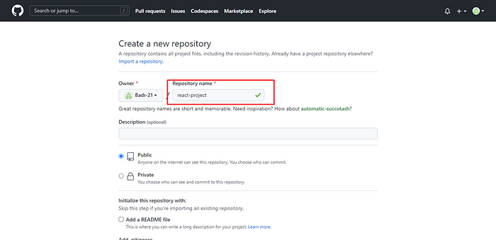 Create new repository page, add the repository name.