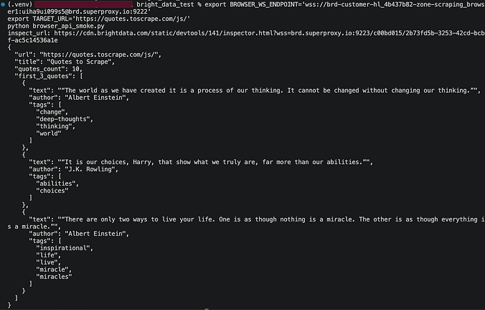 The initial smoke test returned a live DevTools inspection URL, the expected page title, and structured quote data extracted from a JavaScript-rendered page.