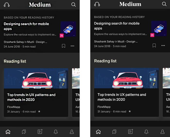 two screenshots of the medium app side by side. the left side is blurred to replicate halation effect.