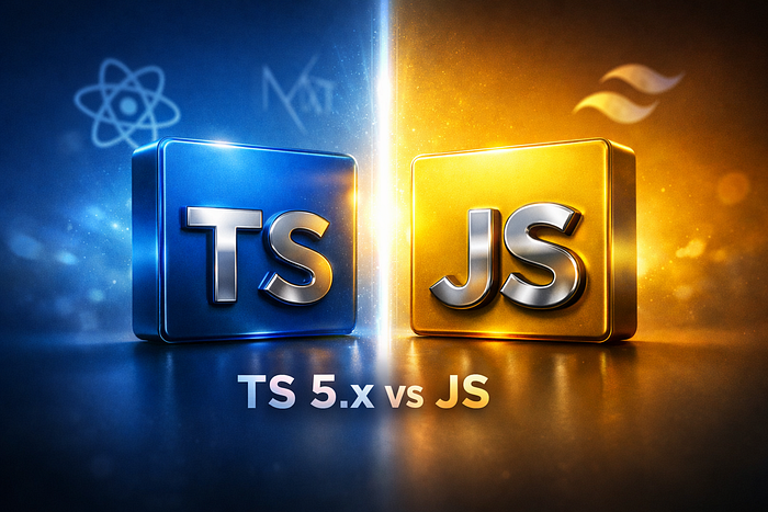 A cinematic 3D hero image featuring the JavaScript and TypeScript logos rendered in realistic metallic 3D side by side, against a gradient background blending JS yellow into TypeScript deep blue. React, Next.js, and Tailwind CSS logos float subtly in the background. Bold text overlay reads “TS 5.x vs JS.” Soft cinematic shadows and premium lens flare create a polished, publication-ready composition with no desk or workspace.