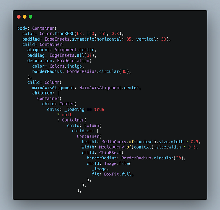 Code: Container part of homepage in lib/home.dart