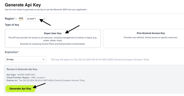 Momento console generate API key screenshot