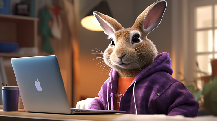 A rabbit wearing a purple plaid hoodie looking at the camera while working on a Macbook