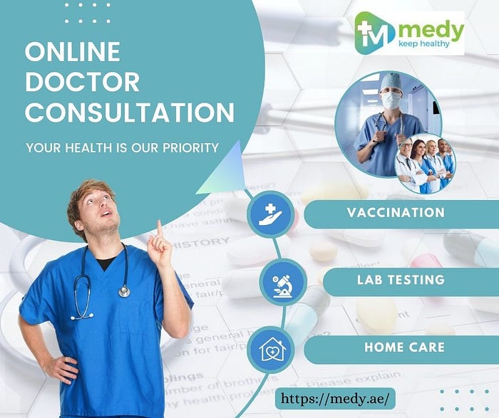 An doctor in image showing Online Doctor Consultation : Your Health is our Priority and features of online doctor consultation.