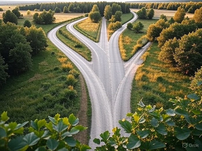 A crossroads or four different paths diverging, photographed from above