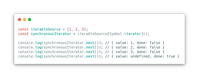 1.2) Simple manual iteration. Notice the fact that “done” is set to true when we are over transversing the object.