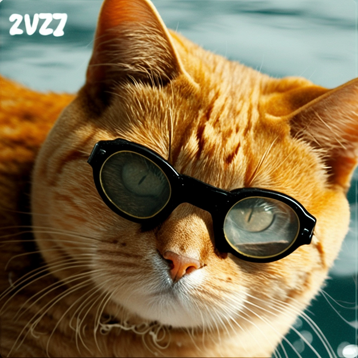 Orange cat with goggles looking like swim goggles.