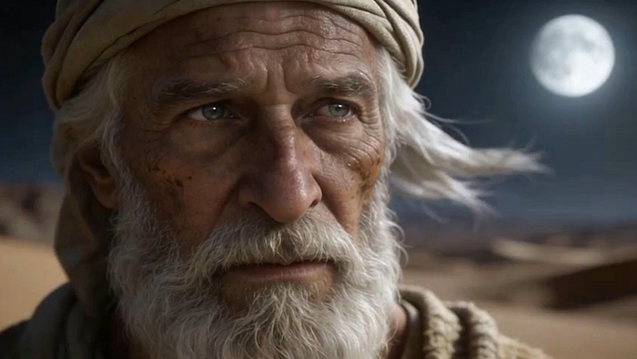 Close-up cinematic image of Abraham from the Bible with a white beard and head covering, staring solemnly under a bright full moon in the desert night.